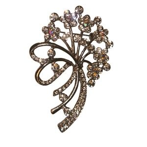 Silver Tone Clear Rhinestone Floral Bouquet Ribbon Brooch Pin Vintage Style